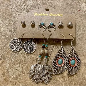 Boho Turquoise 6 Sets Electroplate Silver Earrings